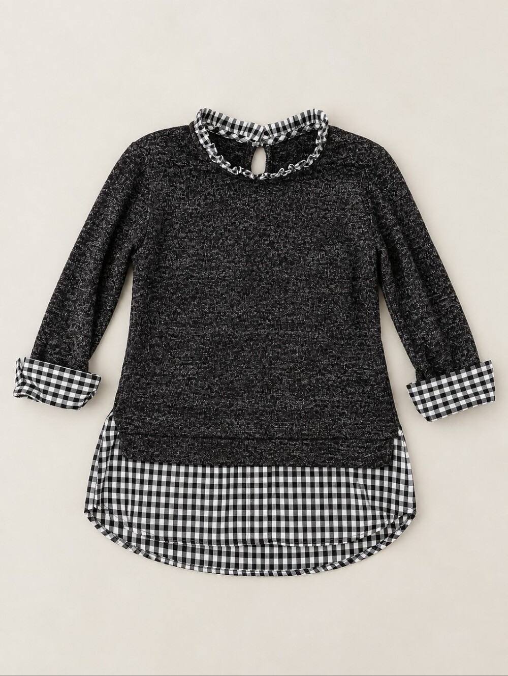 Ruffle Collar Long Sleeve Gray Gingham Top